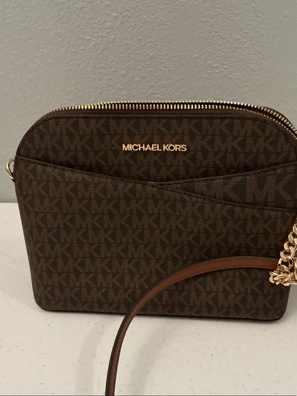 Michael Kors Brown MK Monogram Crossbody with Gold Hardware
